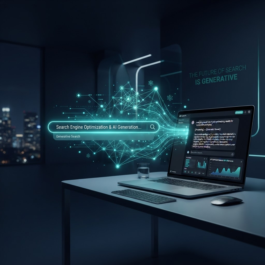 Visualización futurista de una barra de búsqueda con nodos de red neuronal de inteligencia artificial