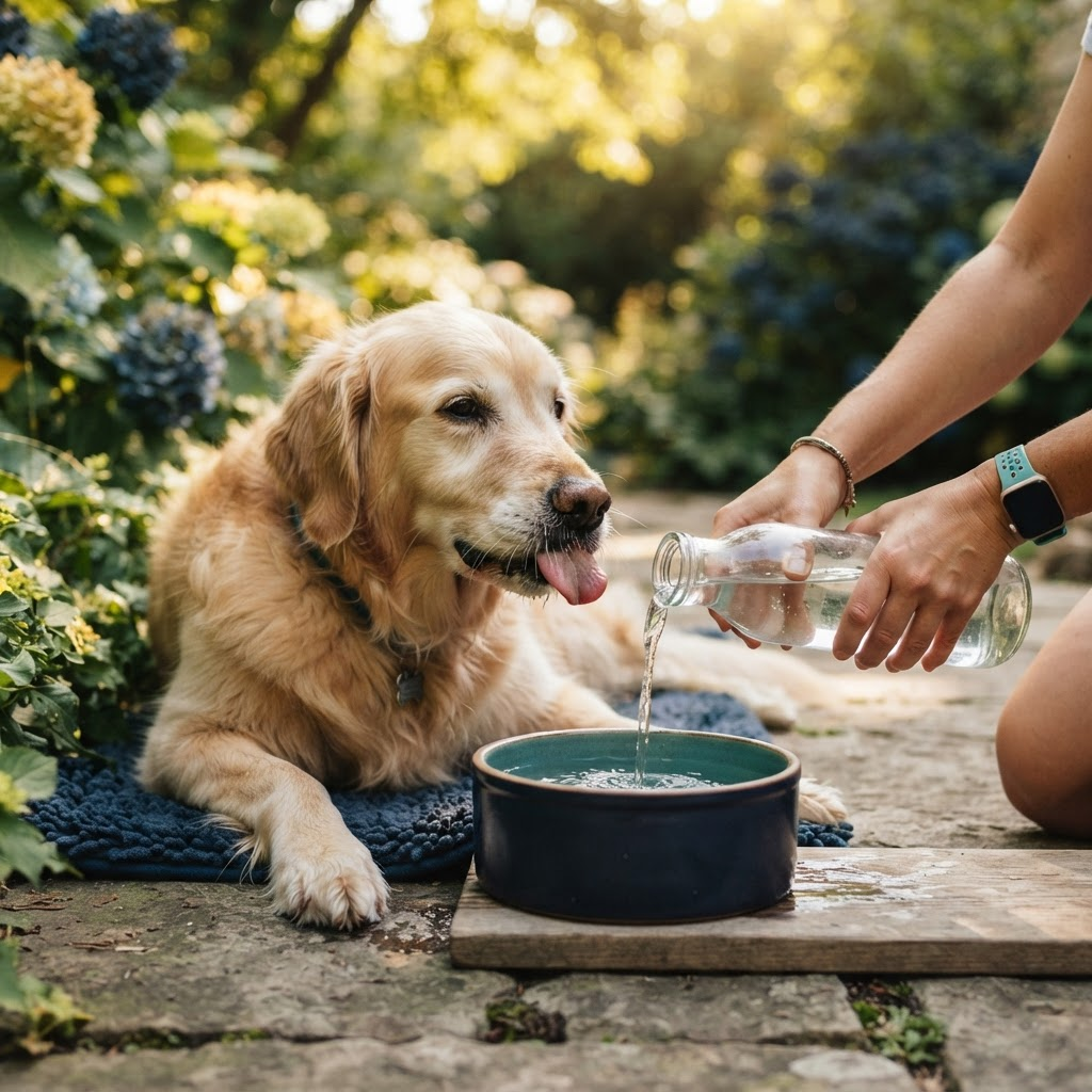 Perro descansando a la sombra bebiendo agua fresca de un cuenco en un día caluroso de verano