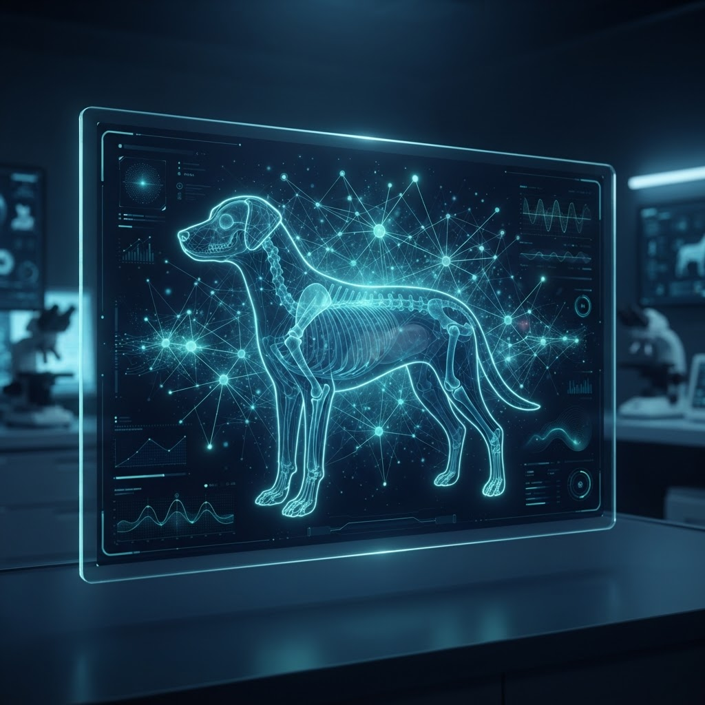 Visualización de una red neuronal digital sobre la silueta de un perro y una interfaz de diagnóstico