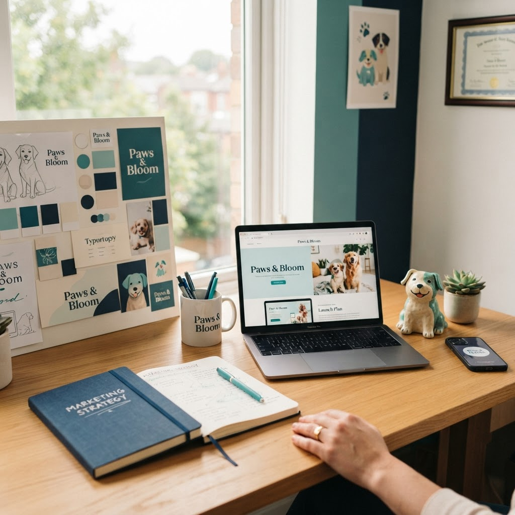 Espacio de trabajo de emprendedor con un moodboard de identidad de marca y un plan de marketing