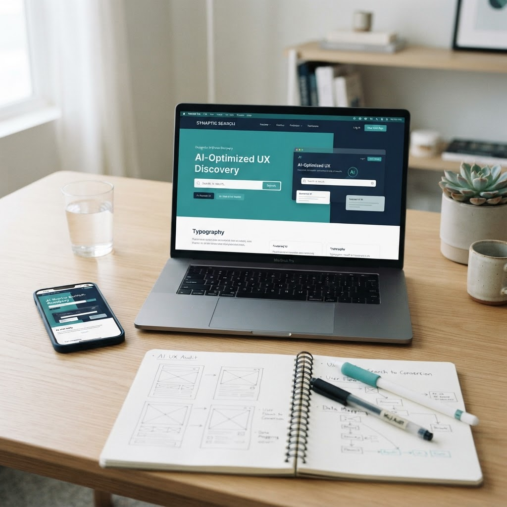 Portátil y móvil mostrando una interfaz web moderna rodeada de bocetos de diseño UX